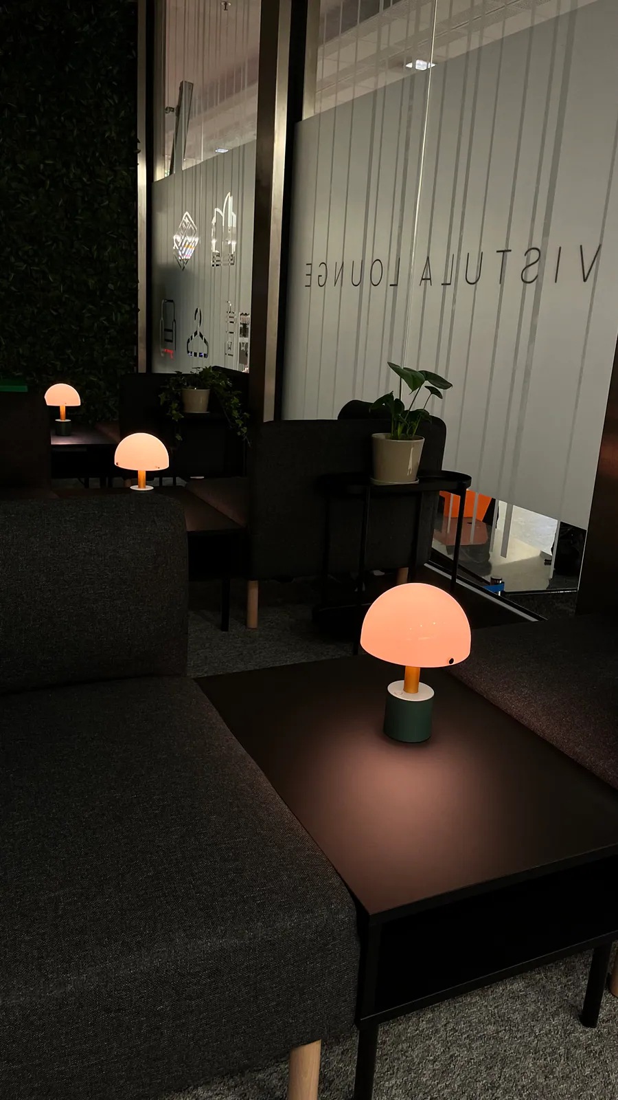 Warm evening lighting and lounge seating